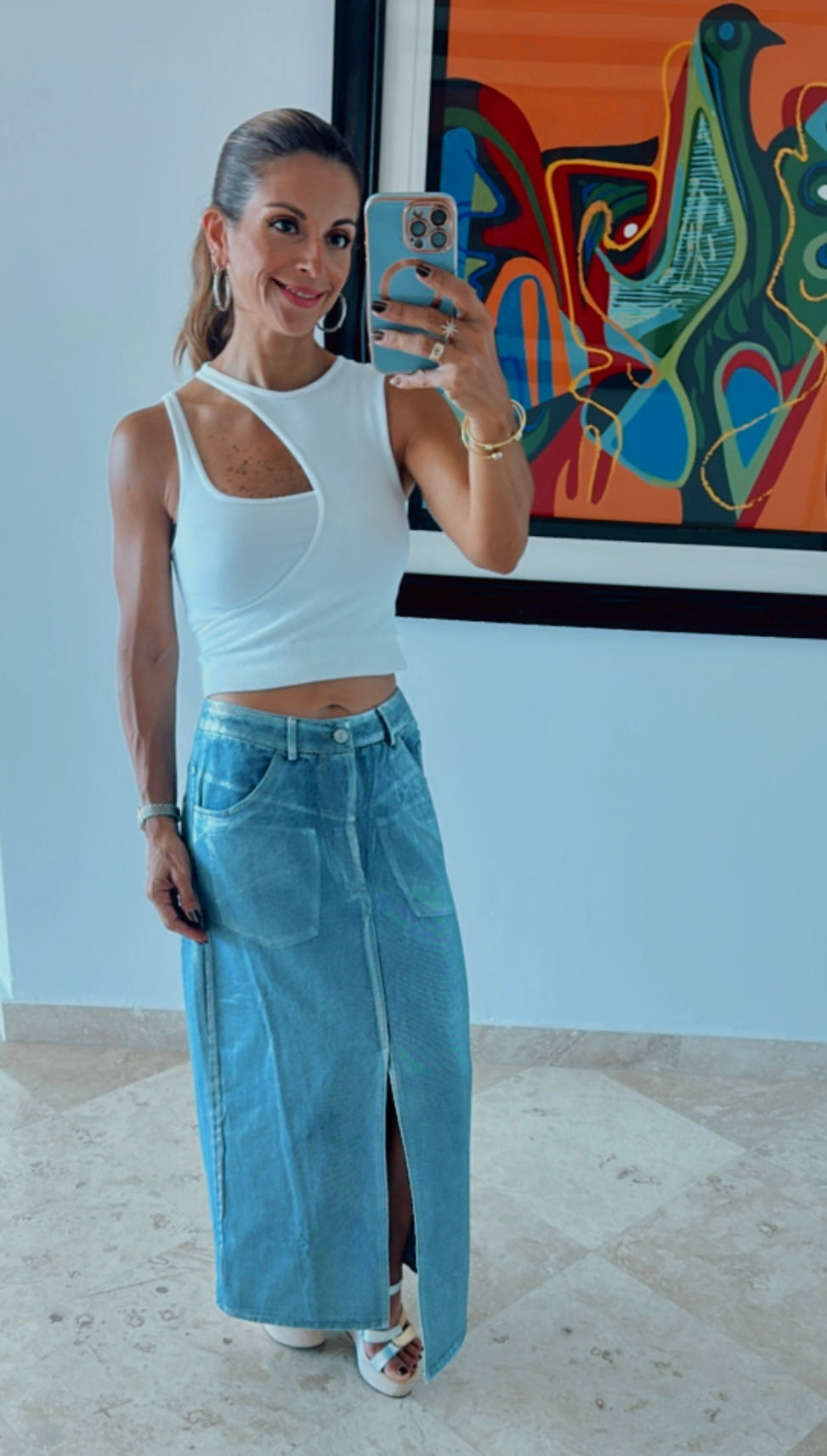 Metallic Silver Denim Skirt