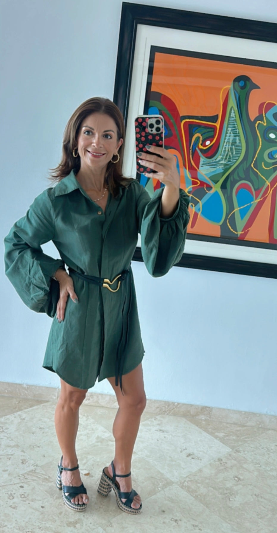 Bubble Sleeve  Olive Shirt Dress