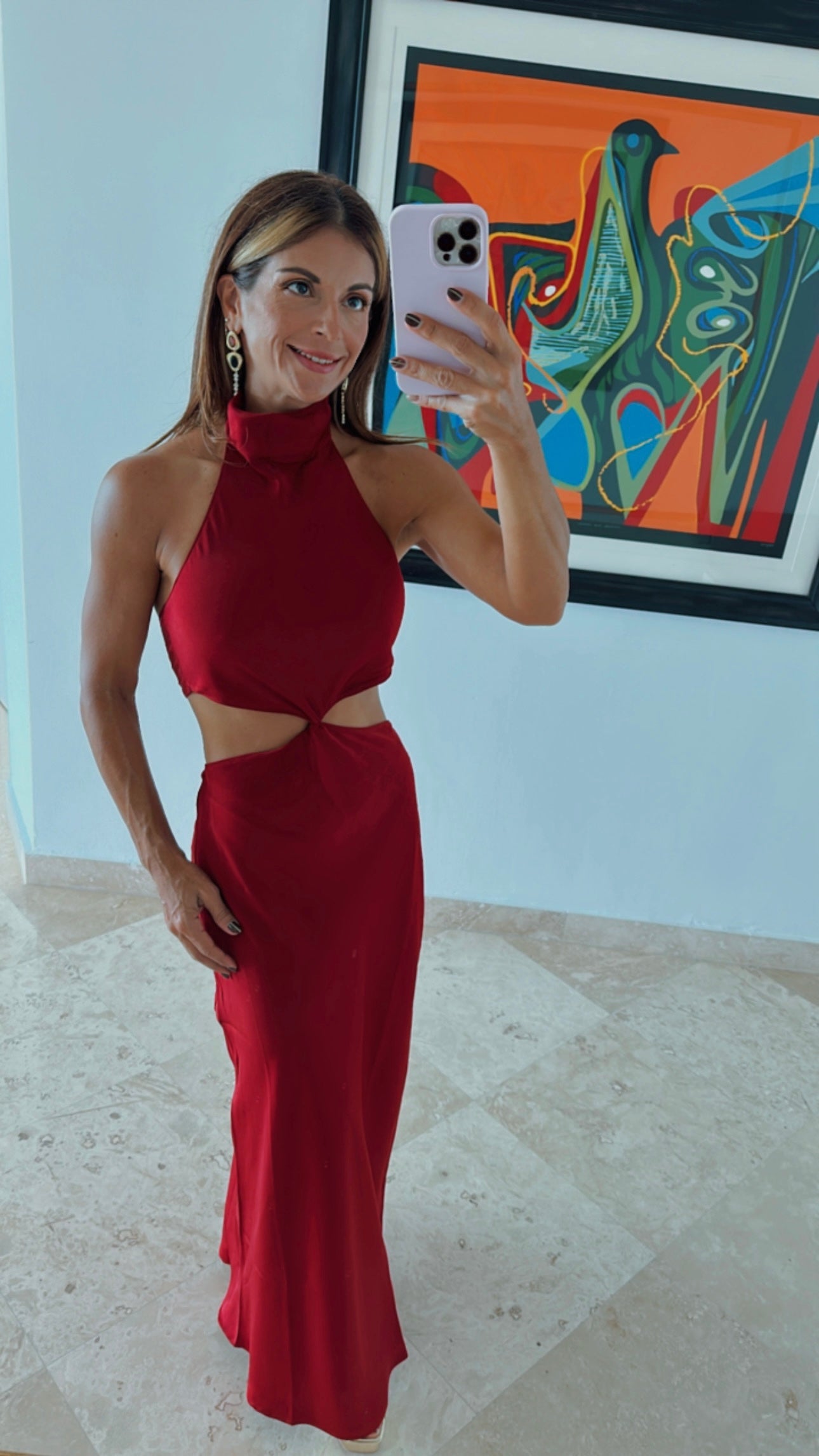 Wine Satin Halter Midi Dress