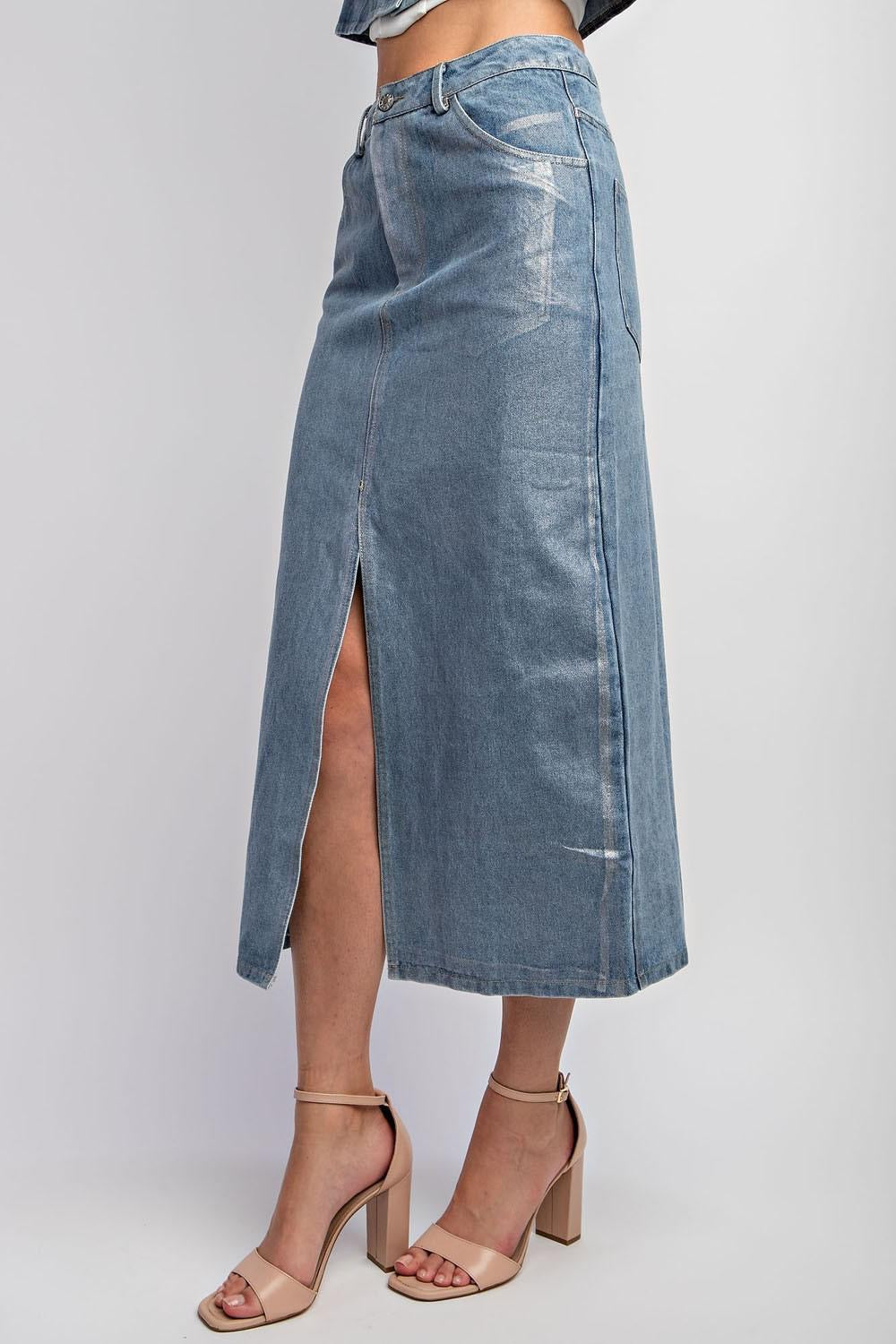 Metallic Silver Denim Skirt