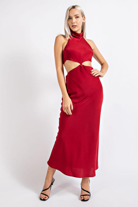 Wine Satin Halter Midi Dress