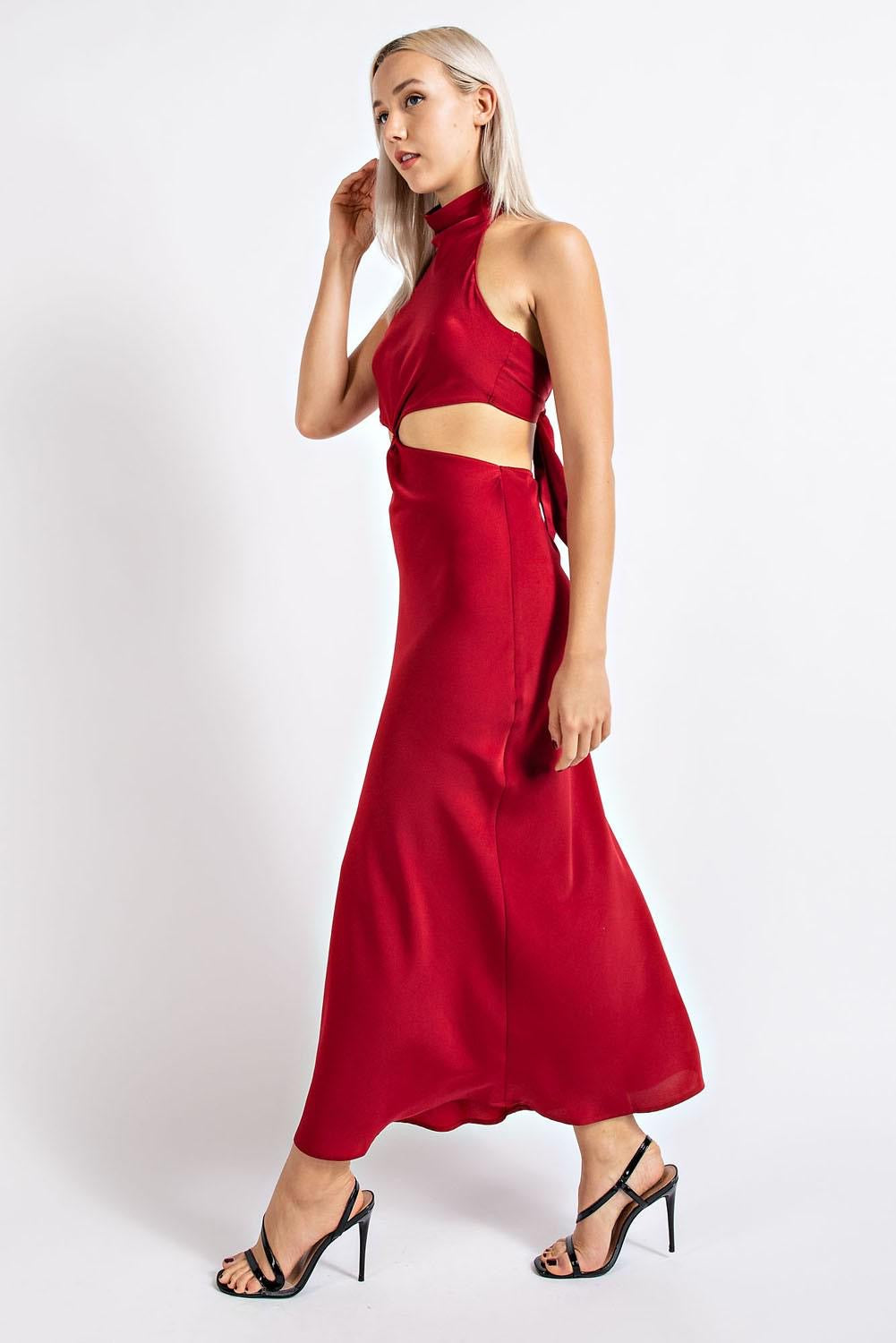 Wine Satin Halter Midi Dress