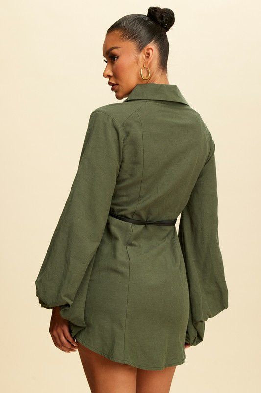 Bubble Sleeve  Olive Shirt Dress