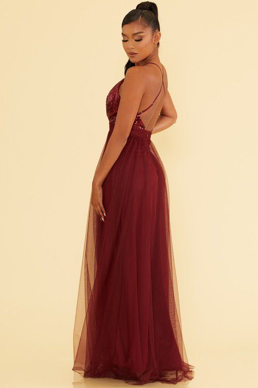 Wine Sequin Maxi Gown