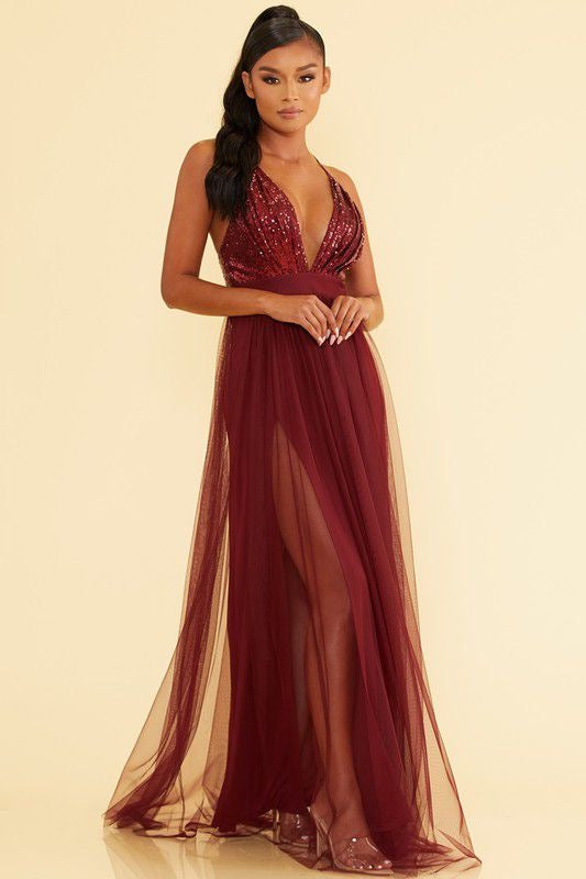 Wine Sequin Maxi Gown