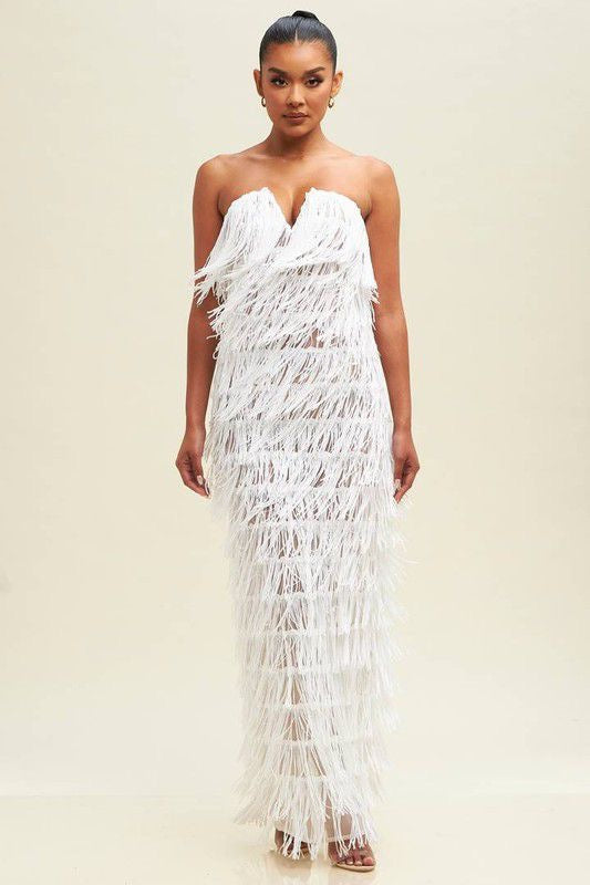 White Fringe  Maxi Dress