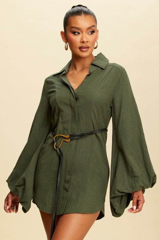 Bubble Sleeve  Olive Shirt Dress