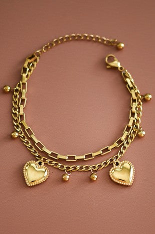 Double Chain Hearts & Beads Bracelet