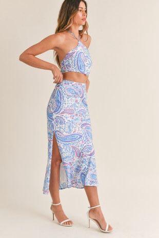 Paisley Print Satin Halter Top and Skirt set